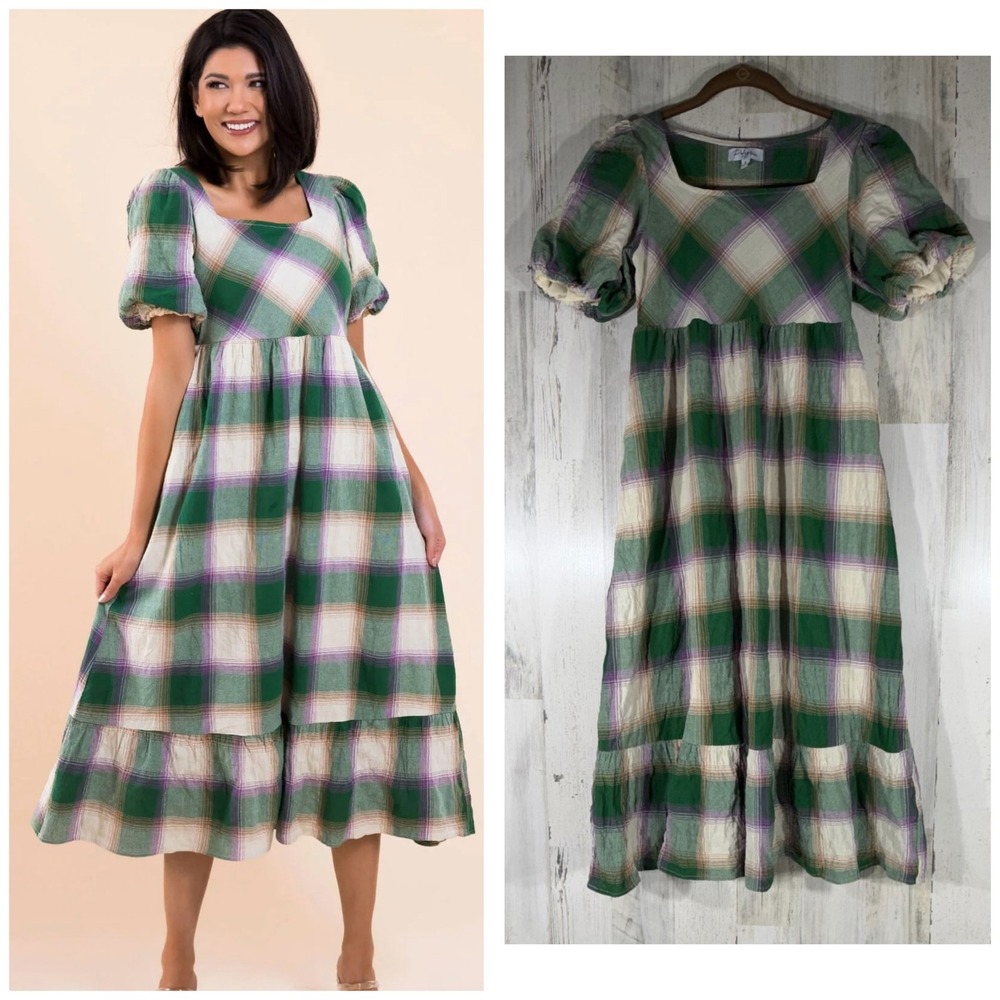 Polagram Midi Dress Size Small Square Neck Puff Sleeve Tiered Green Purple Plaid